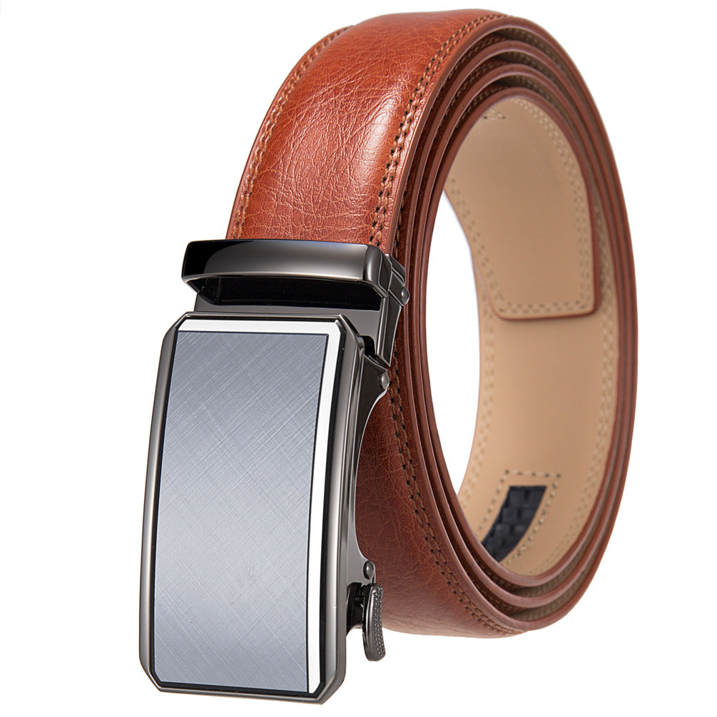 Ceinture homme Théo Lin 60 en cuir de vachette marron cognac avec boucle automatique rectangulaire argentée finition brossée