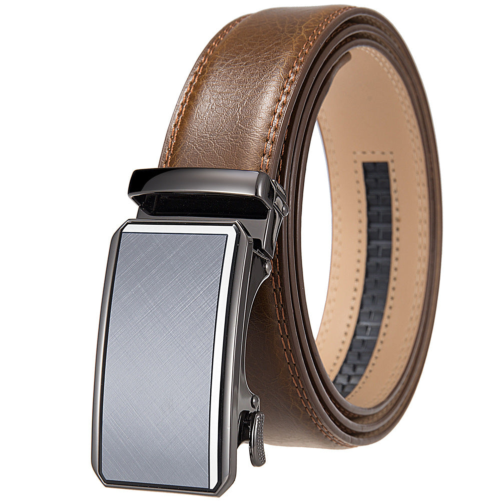 Ceinture homme Théo Lin 60 marron avec boucle automatique rectangulaire finition argentée brossée et détails chromés.