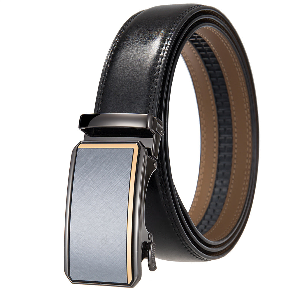 Ceinture homme Théo Lin 95 en cuir noir avec boucle rectangulaire automatique grise et détails dorés