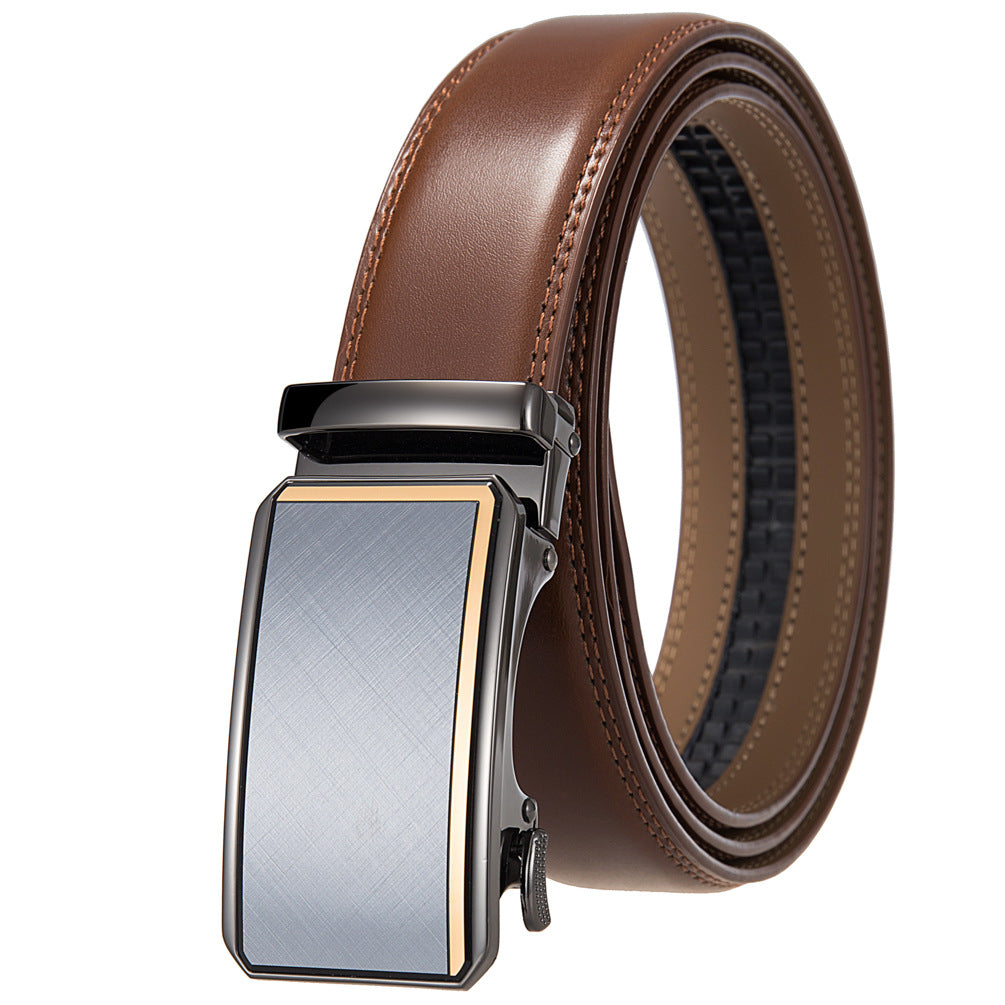 Ceinture homme Théo Lin 95 en cuir marron avec boucle automatique rectangulaire finition grise et dorée