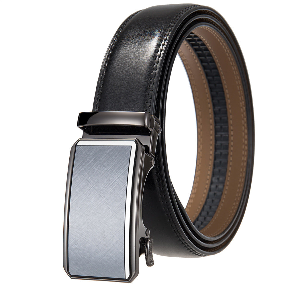Ceinture homme Théo Lin 95 en cuir noir avec boucle automatique argentée rectangulaire à finition brillante.
