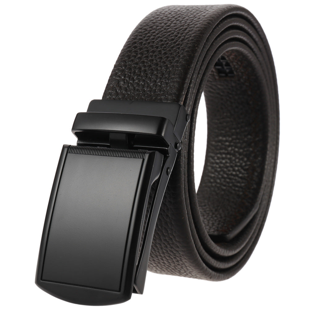 Ceinture Tom pour homme en cuir texturé marron avec boucle automatique rectangulaire noire interchangeable. Largeur 3.5 cm.