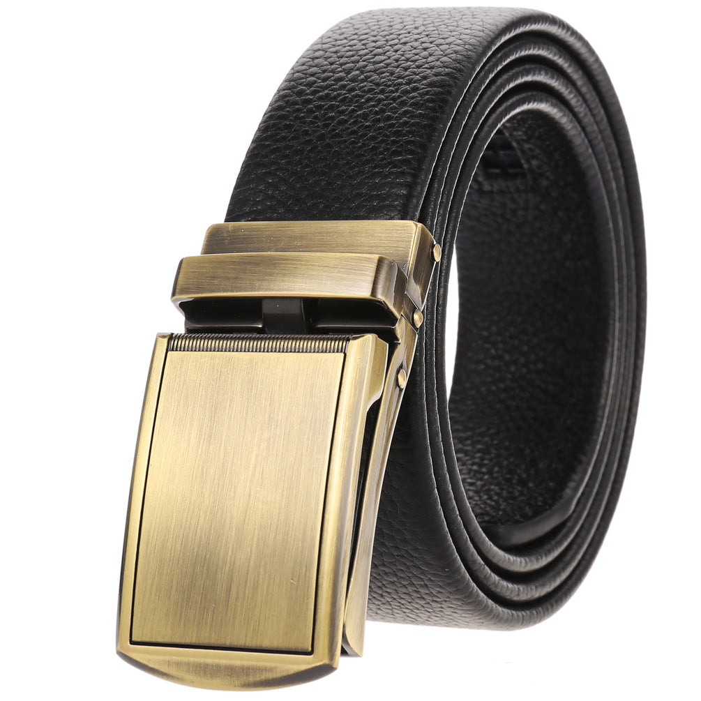 Ceinture Tom pour homme en cuir noir avec boucle automatique rectangulaire finition bronze brossé.