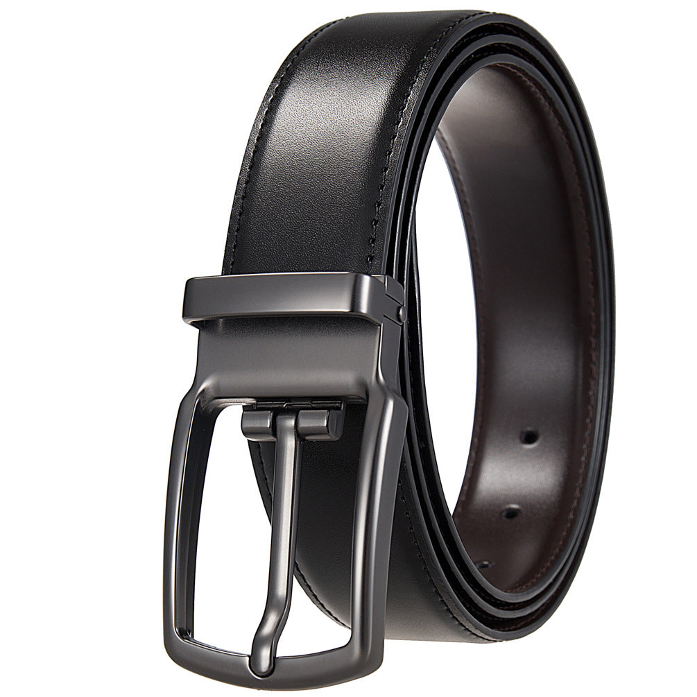 Ceinture homme TomCuir double face noir et café, avec boucle ardillon rotative satinée en alliage gunmetal.