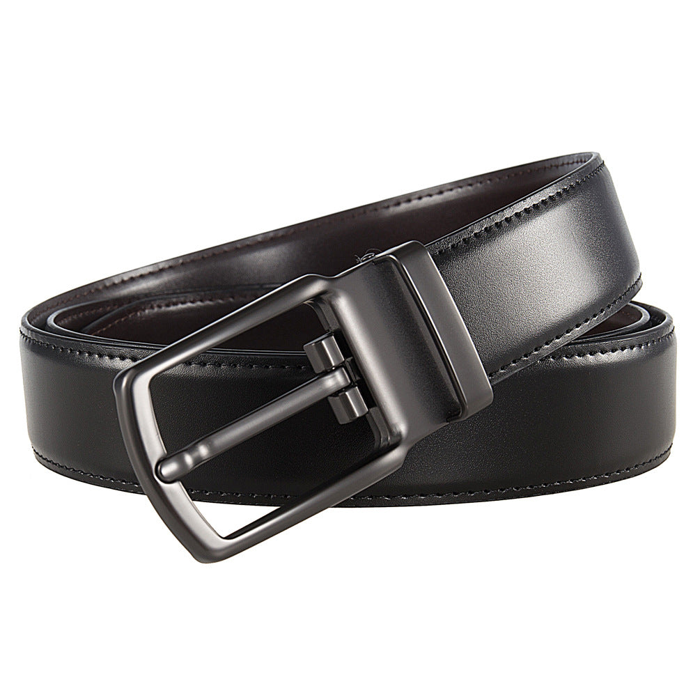 Ceinture homme TomCuir réversible noir et café, avec boucle ardillon rotative en alliage gunmetal satiné. Lanière lisse et élégante, largeur 3,5 cm.