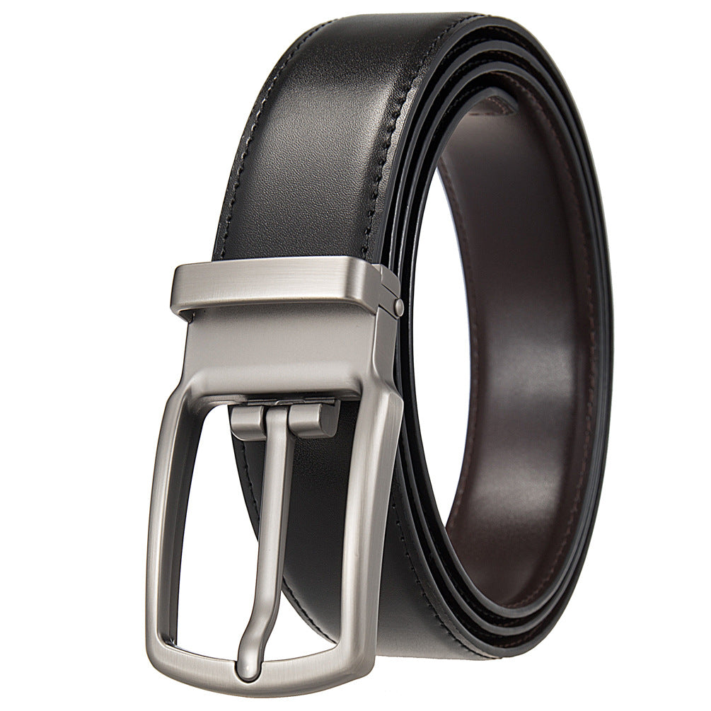 Ceinture homme TomCuir en cuir de vachette réversible noir et café avec boucle ardillon rotative argentée brossée