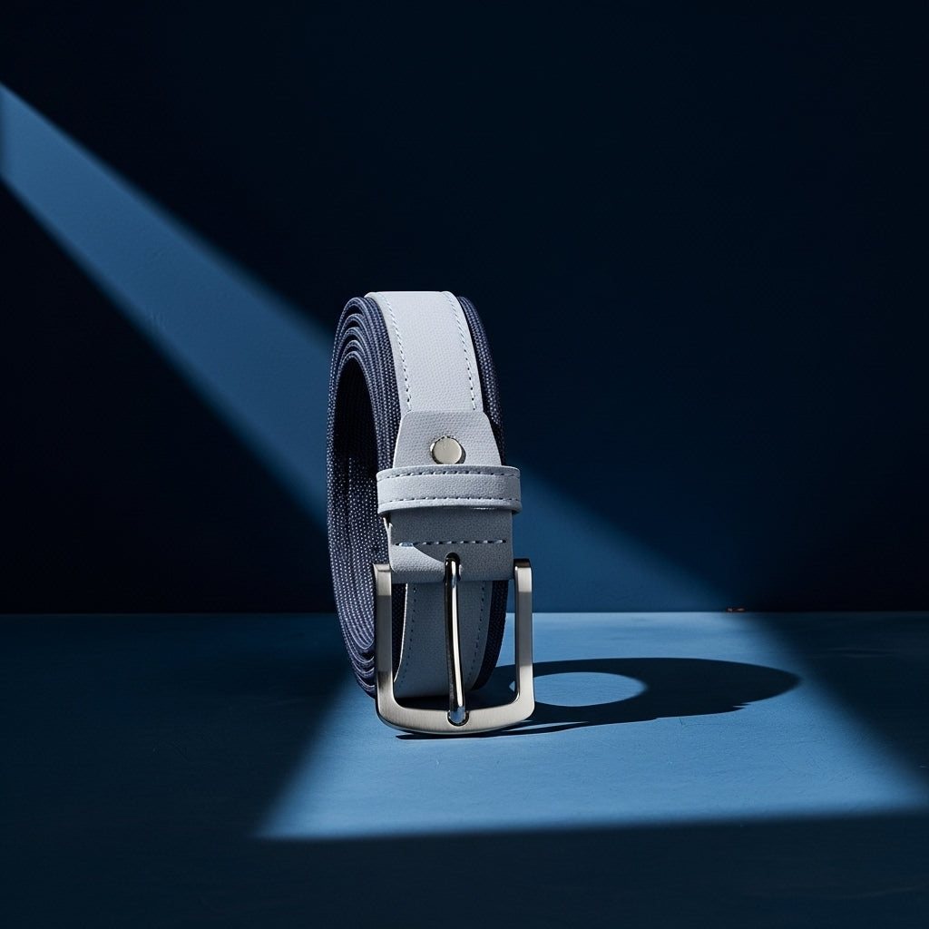 Ceinture pour homme TonyBleu en daim texturé bleu marine et gris clair, avec boucle ardillon argentée #fullwidth