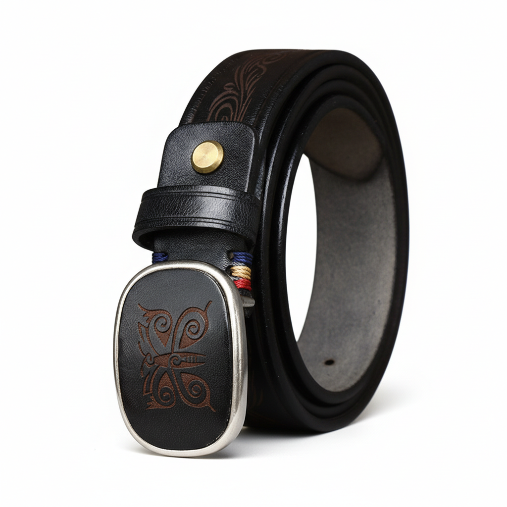 Ceinture pour homme Totem d’Acier noire en cuir gravé, avec boucle ovale en cuivre doré vieilli ornée d'un motif totem ethnique et d'une lanière de 3,3 cm de large.