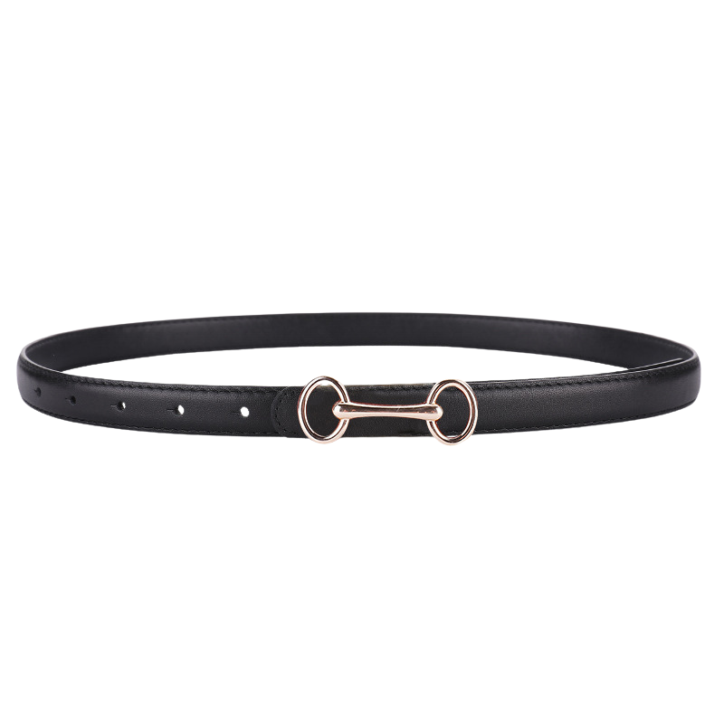 Ceinture fine en cuir noir pour femme, modèle Transparence, avec boucle dorée décorative en forme de mors de cheval. #fullwidth