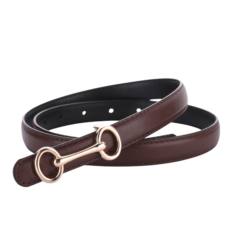 Ceinture fine en cuir marron pour femme, modèle Transparence, avec une boucle dorée en forme de mors de cheval et un crochet clou.