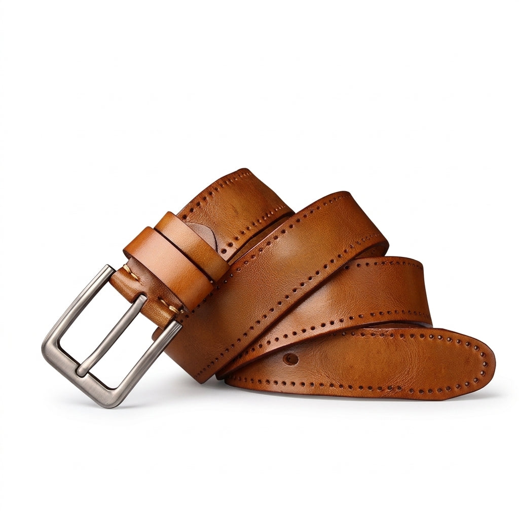 Ceinture homme Trégor en cuir pleine fleur de vachette marron avec tannage végétal, finitions patinées vintage, surpiqûres et boucle ardillon en alliage argenté vieilli.