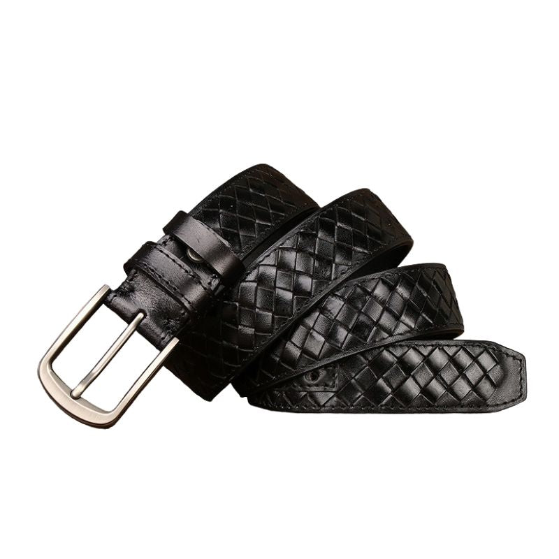 Ceinture Tressence pour homme en cuir noir tressé à la main, avec boucle ardillon argenté mat.