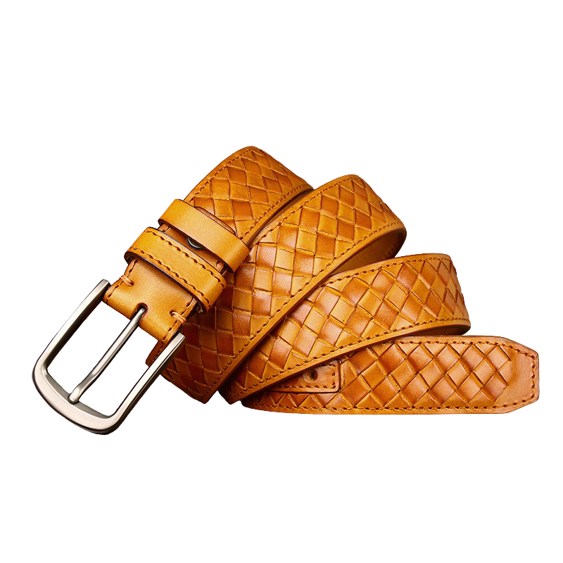 Ceinture Tressence pour homme en cuir marron clair tressé à la main avec boucle ardillon argentée mate