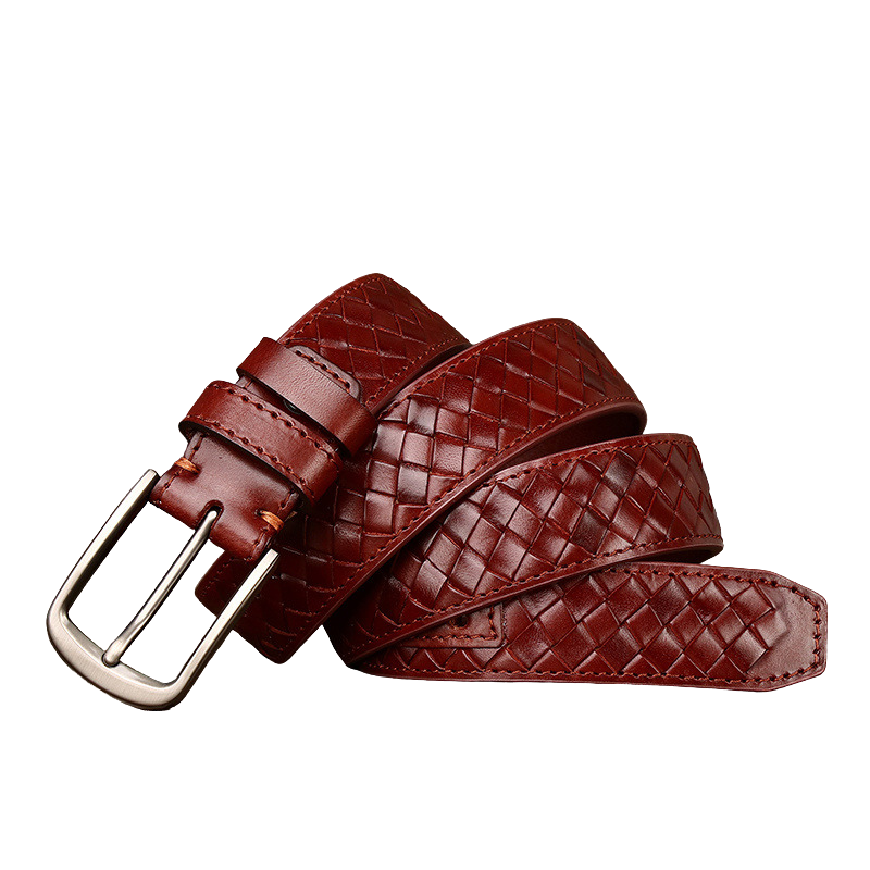 Ceinture Tressence homme en cuir de vachette pleine fleur tressé main couleur bordeaux avec boucle ardillon argenté mat.