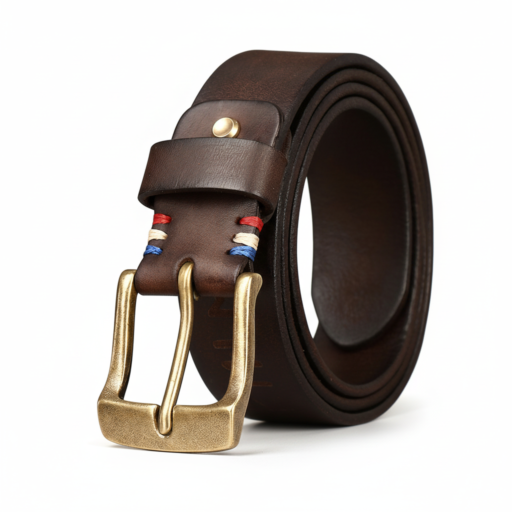 Ceinture Tricolore Cuir pour homme en cuir marron avec boucle ardillon dorée et coutures tricolores rouge, blanc, bleu.