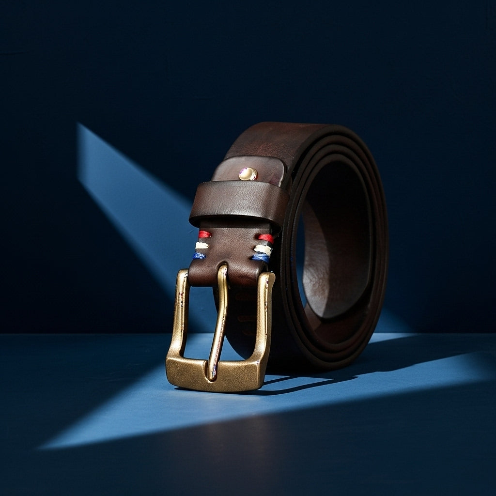 Ceinture Tricolore Cuir pour homme en cuir de vachette marron, boucle ardillon dorée, avec coutures tricolores rouge, blanche et bleue à l'entrée de boucle. #fullwidth