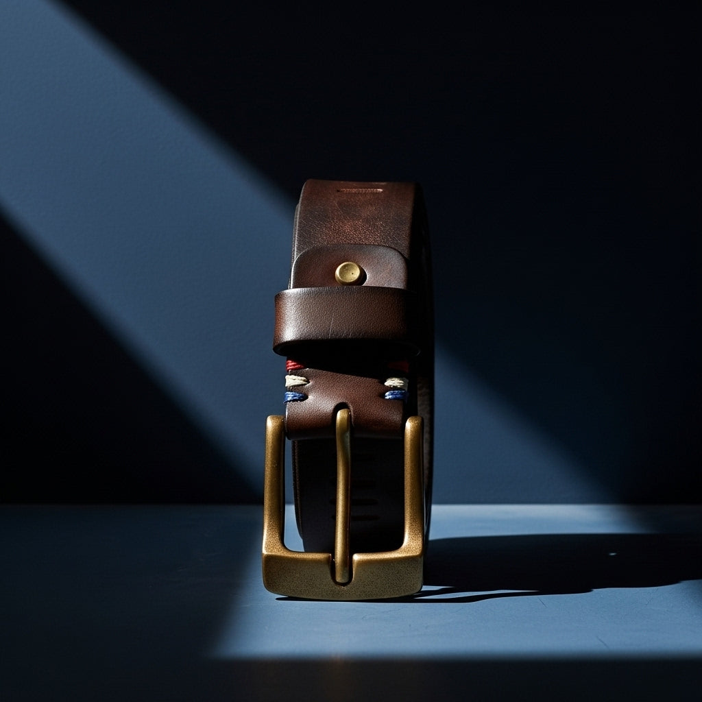 Ceinture Tricolore Cuir marron foncé pour homme avec boucle ardillon dorée et coutures tricolores, sur fond bleu sombre. #fullwidth