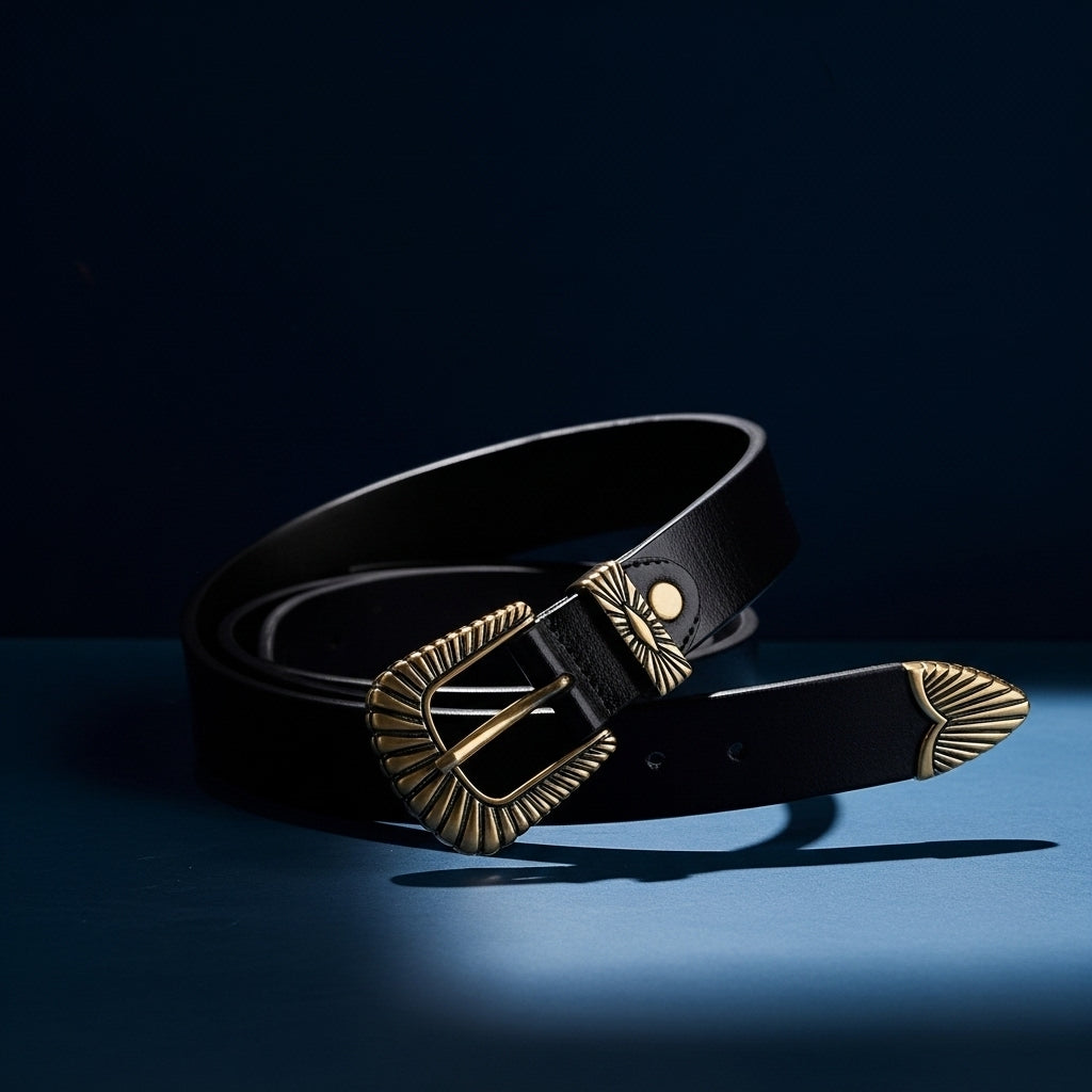 Ceinture femme noire Triomphe en cuir avec boucle ardillon en métal doré gravé de style vintage et bout de ceinture décoratif. #fullwidth