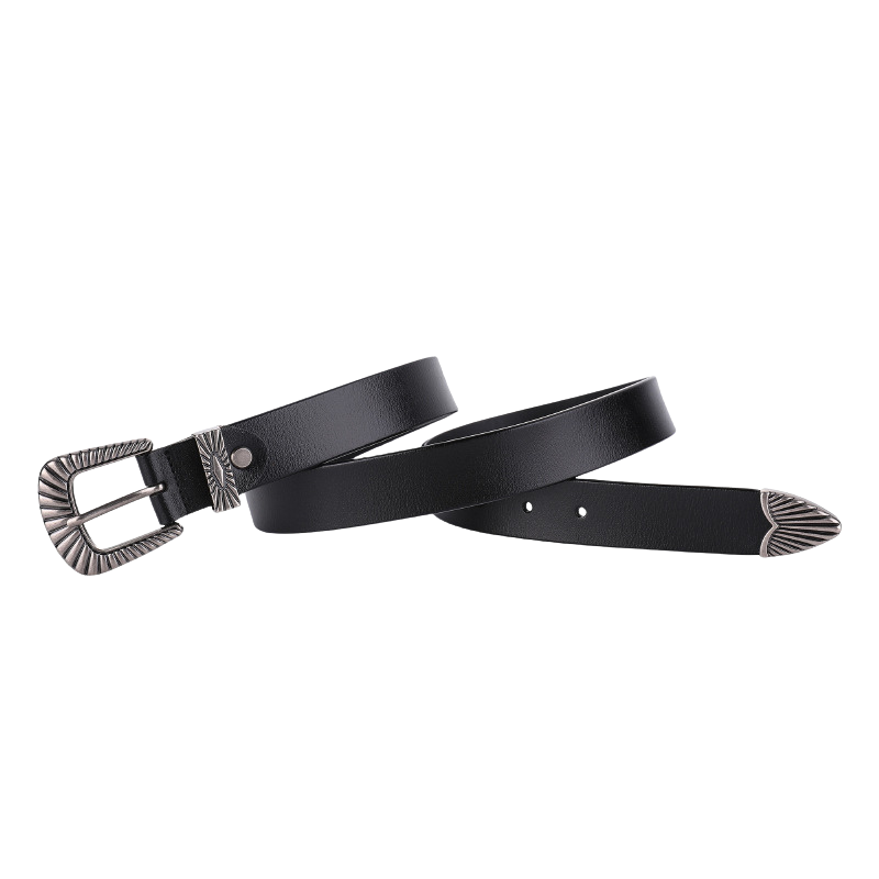 Ceinture femme Triomphe noire avec boucle ardillon et pointe argentées style vintage en cuir lisse, largeur 2,8 cm.