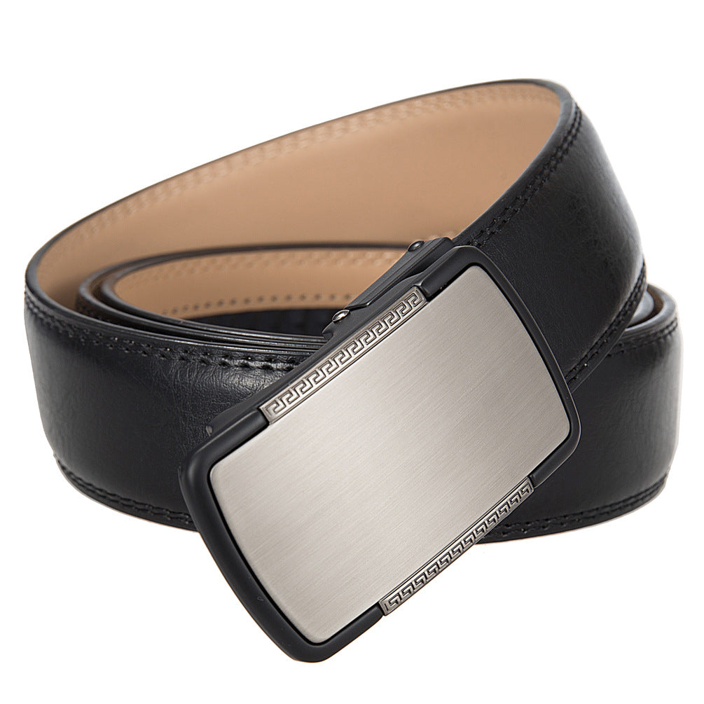 Ceinture homme Tuilerie 60 en cuir refendu de vachette noir avec boucle automatique rectangulaire argentée et décor géométrique gravé