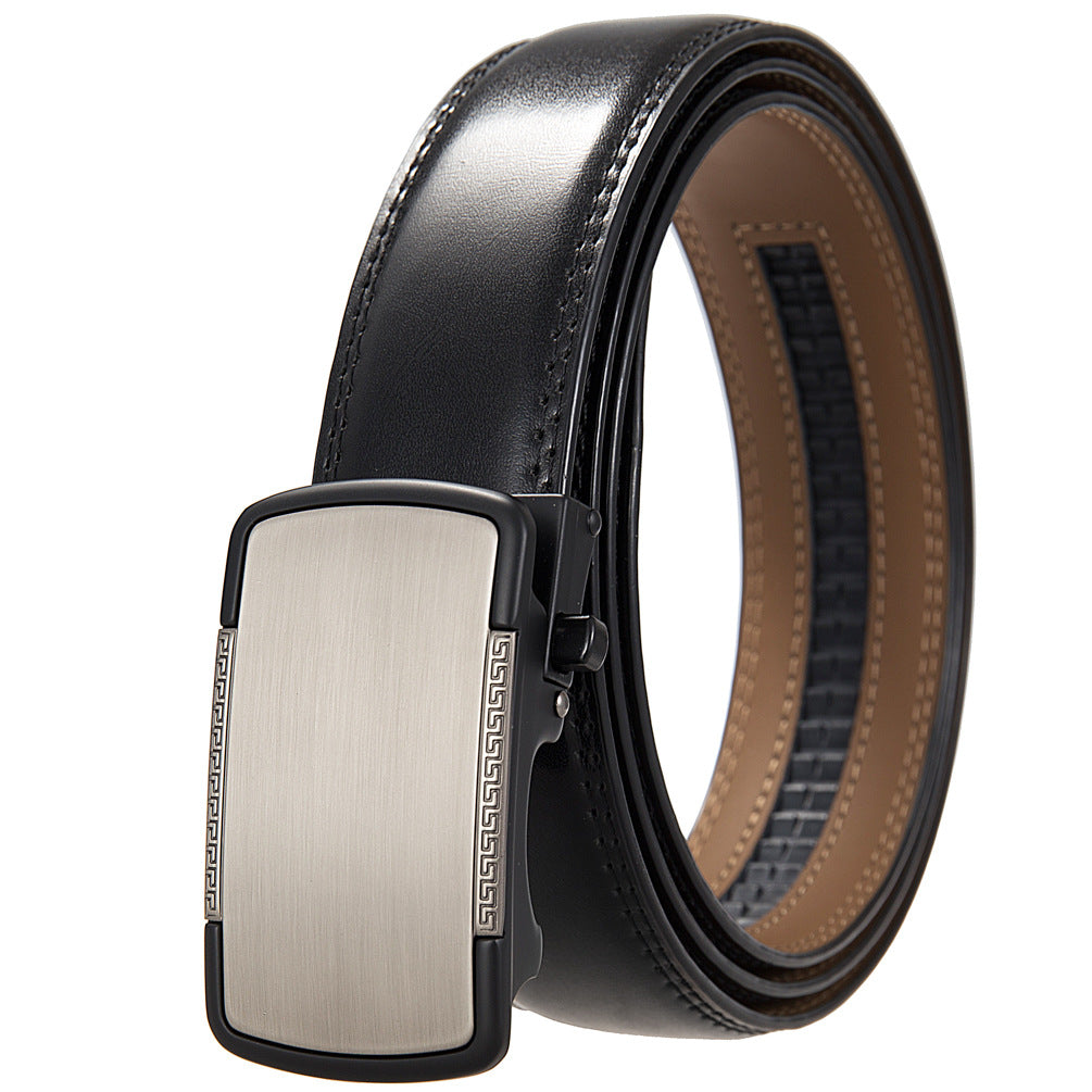 Ceinture homme Tuilerie 95 noire avec boucle automatique rectangulaire argentée finition mate et détails géométriques gravés.