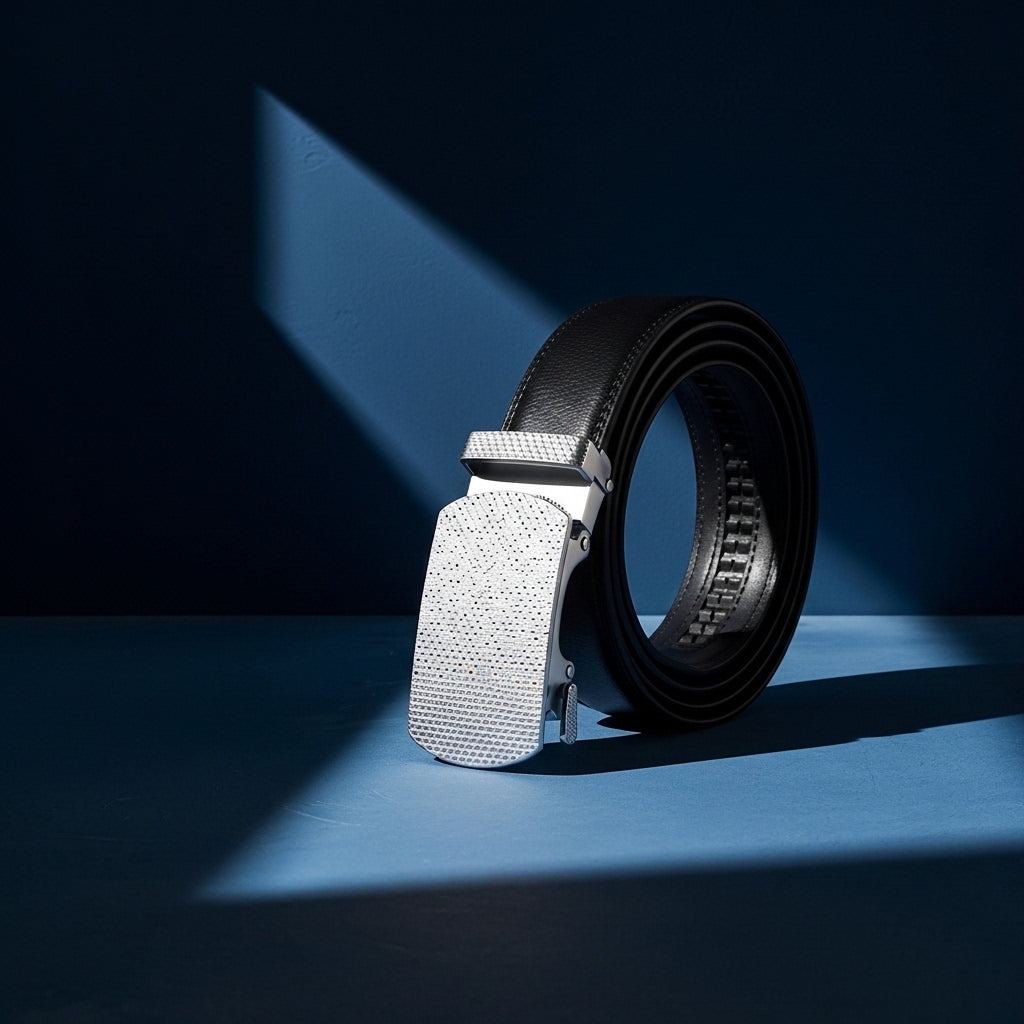Ceinture homme Turbigo 20 noire en cuir de vachette refendu avec boucle automatique rectangulaire en métal finition argent vieilli décorative #fullwidth