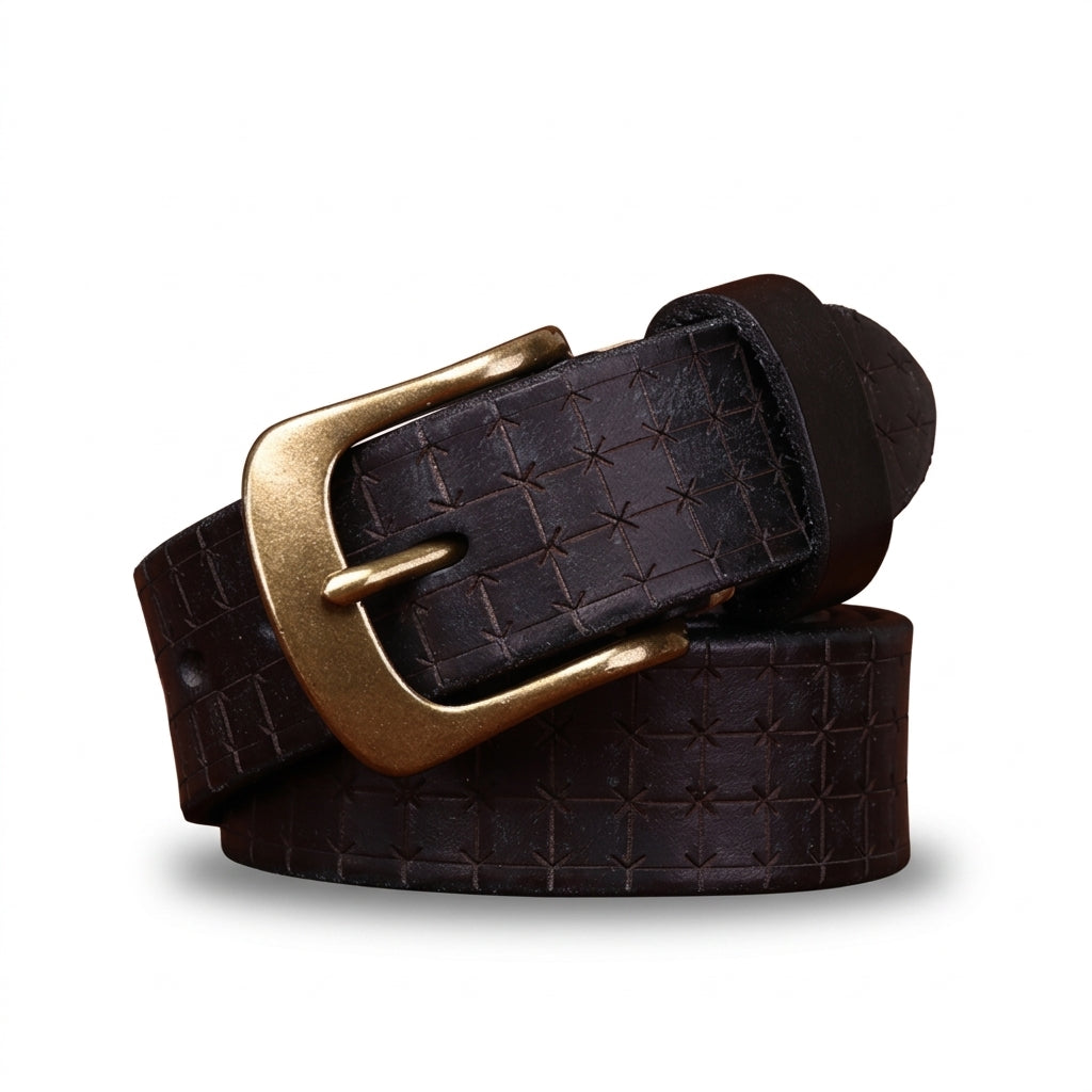 Ceinture homme Turenne en cuir pleine fleur marron avec gaufrage géométrique et boucle ardillon arrondie en cuivre doré antique