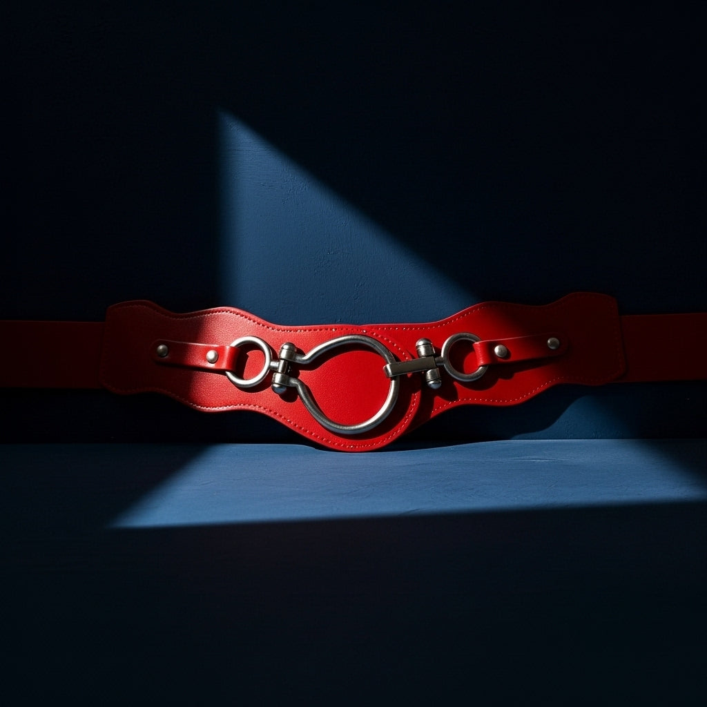 Ceinture Uline rouge pour femme en cuir refendu finition daim, avec une boucle argentée forme mors de cheval et un design harnais. #fullwidth