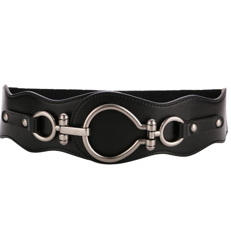 Ceinture noire Uline pour femme en cuir refendu finition daim avec boucle argentée style mors de cheval et design harnais