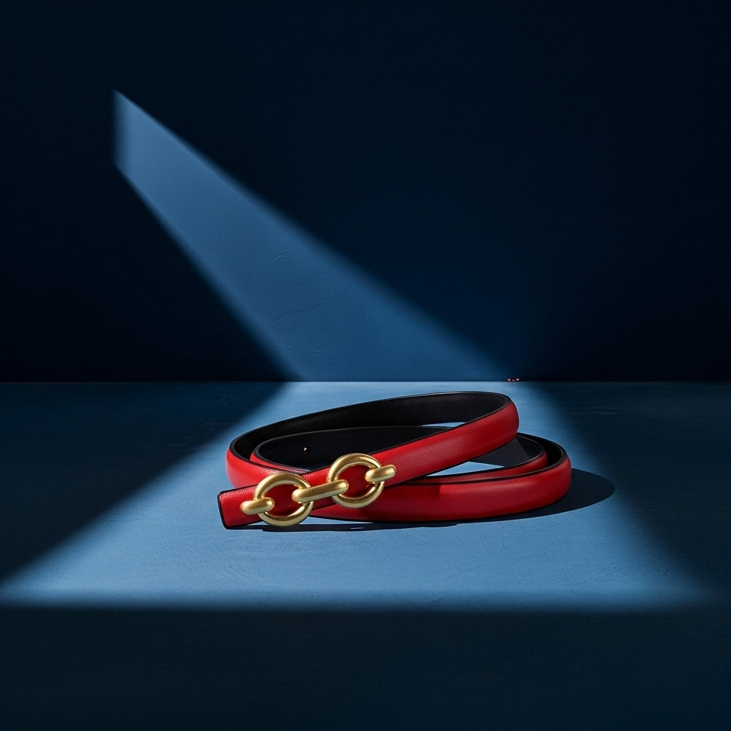 Ceinture femme rouge en cuir refendu avec boucle dorée à maillons entrelacés, modèle Unique #fullwidth
