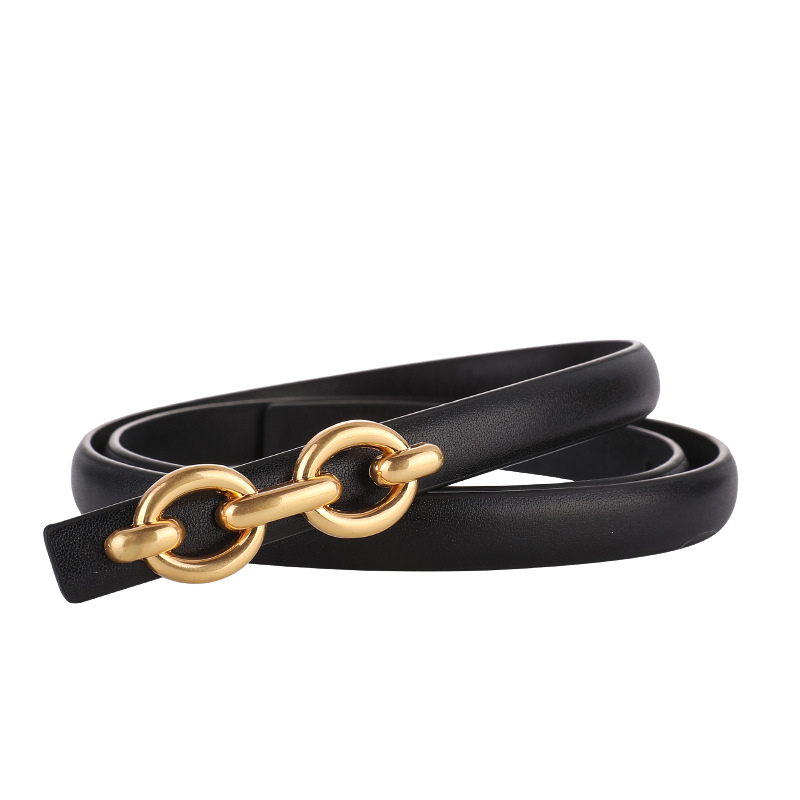 Ceinture femme Unique noire en cuir refendu avec boucle dorée ovale entrelacée, accessoire de mode fin et élégant.