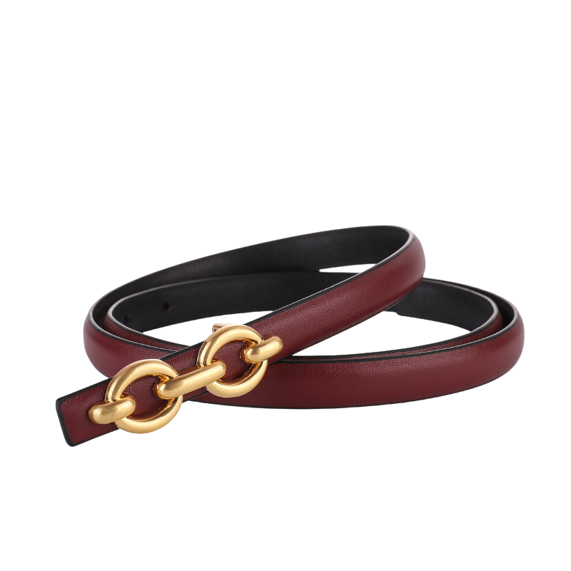 Ceinture femme Unique en cuir refendu bordeaux avec boucle dorée à maillons entrelacés.