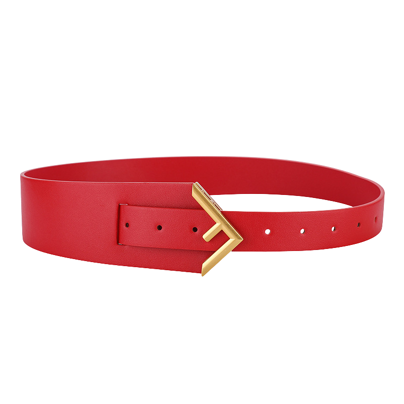 Ceinture Ursule rouge en cuir refendu avec boucle dorée géométrique en forme de F. Une ceinture large et élégante pour femme.