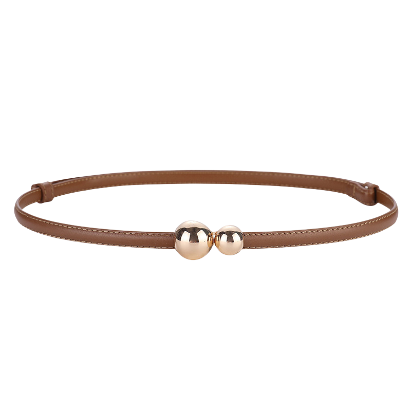 Ceinture fine en cuir marron pour femme, modèle Ursuline, avec une fermeture décorative à deux boules dorées.