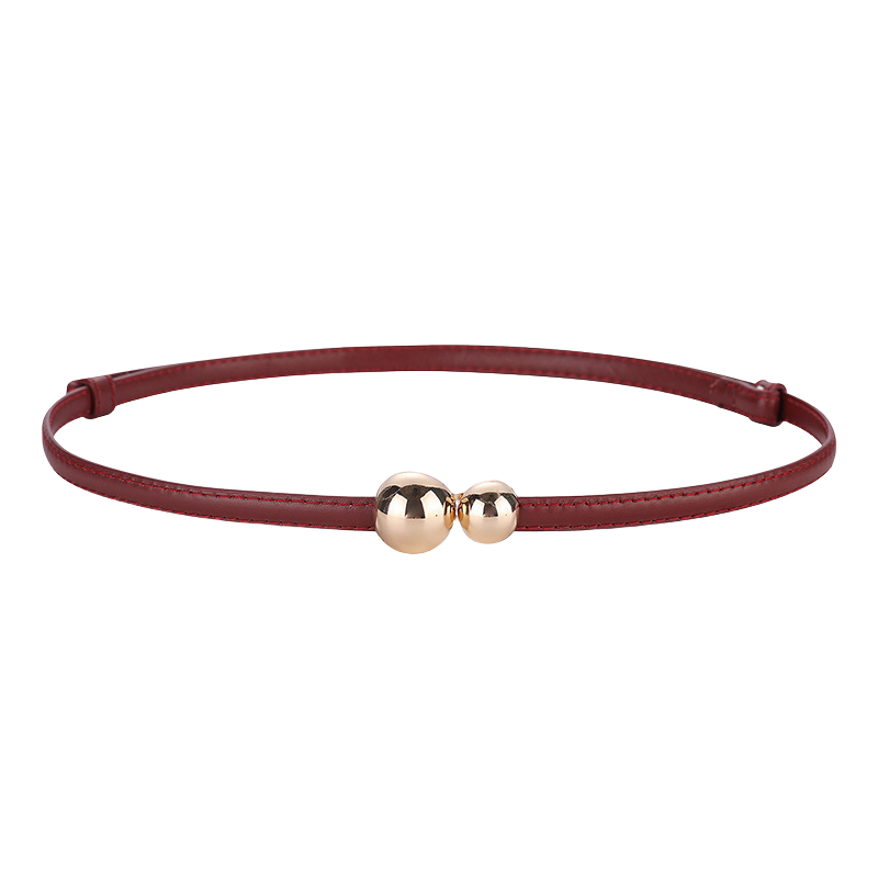 Ceinture fine Ursuline en cuir bordeaux avec fermoir décoratif à deux boules dorées