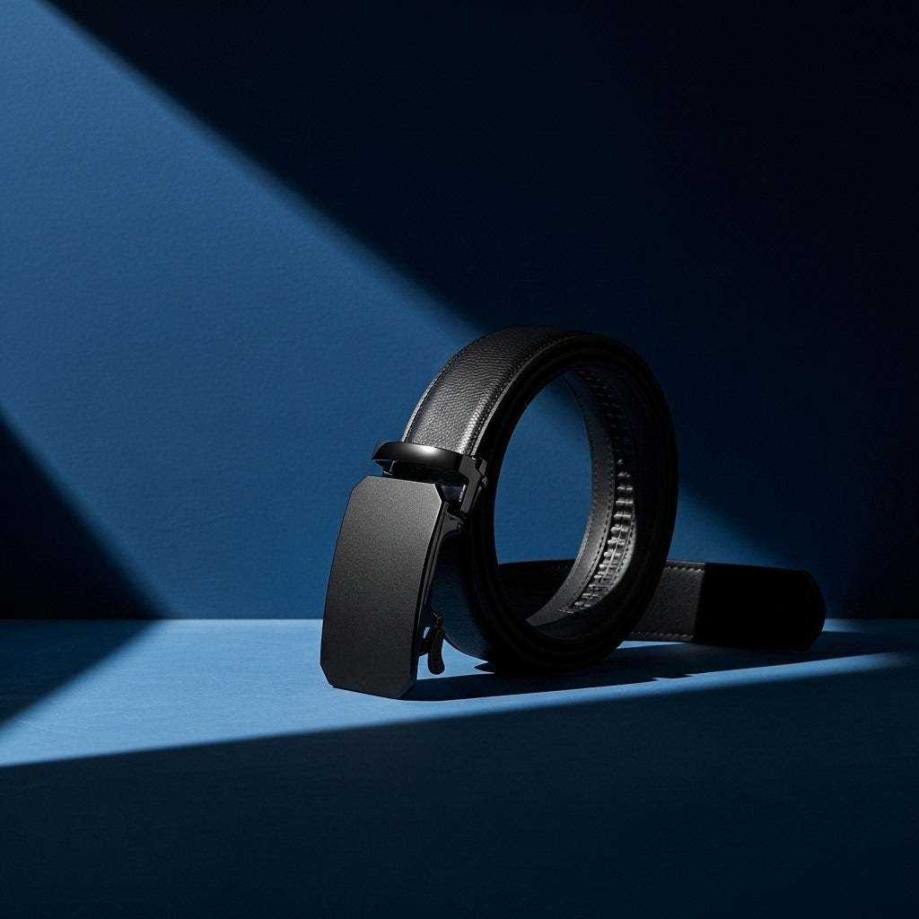 Ceinture pour homme Valentin 1 en cuir noir grainé avec boucle automatique noire mate et système de rail intérieur #fullwidth