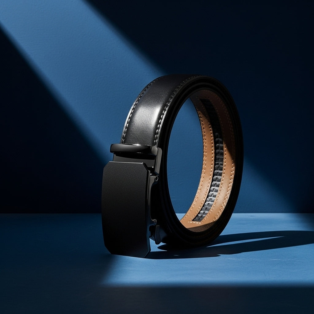 Ceinture Valentin 3 pour homme en cuir lisse noir avec boucle automatique noire mate et système de rail interne à crans pour un ajustement facile. La ceinture a une largeur de 3,5 cm. #fullwidth