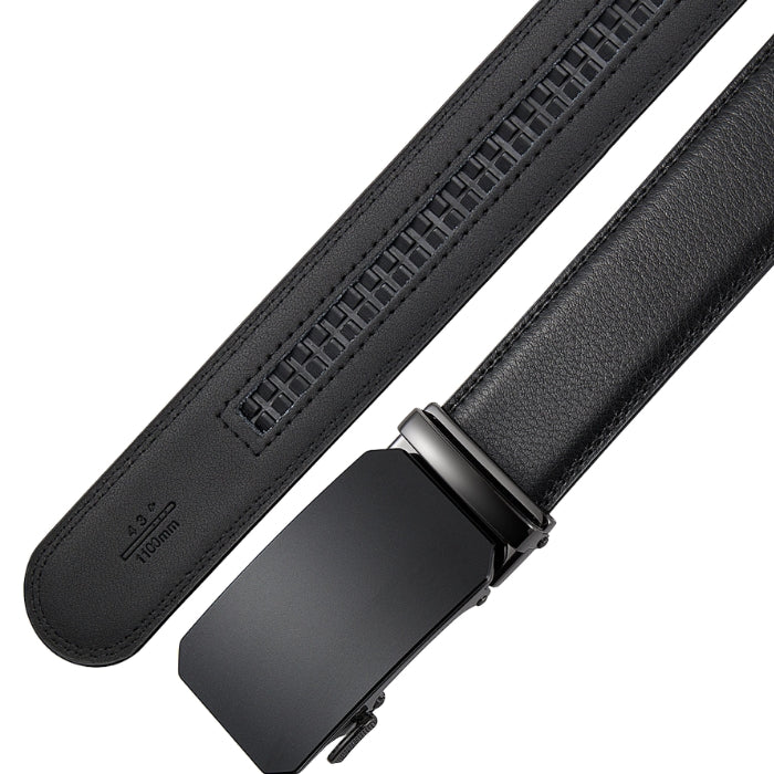 Ceinture pour homme Valentin 3 en cuir noir avec boucle automatique rectangulaire noire mate et système de rail intérieur à crans pour un ajustement facile.