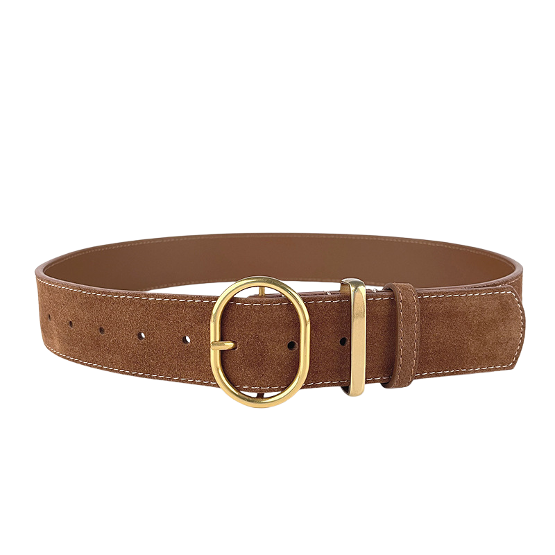 Ceinture large femme Valérie 1 en cuir de vachette marron avec finition daim, boucle ardillon ovale dorée et coutures contrastées.