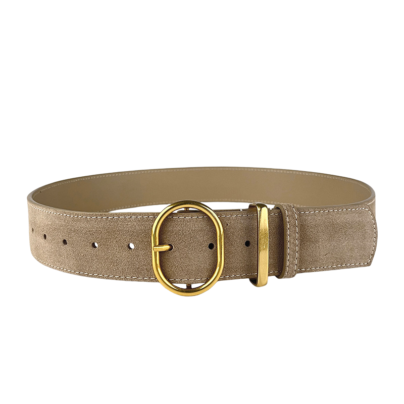 Ceinture femme Valérie 1 en cuir de vachette refendu taupe, finition daim, boucle ardillon ovale dorée, largeur 4.2 cm.