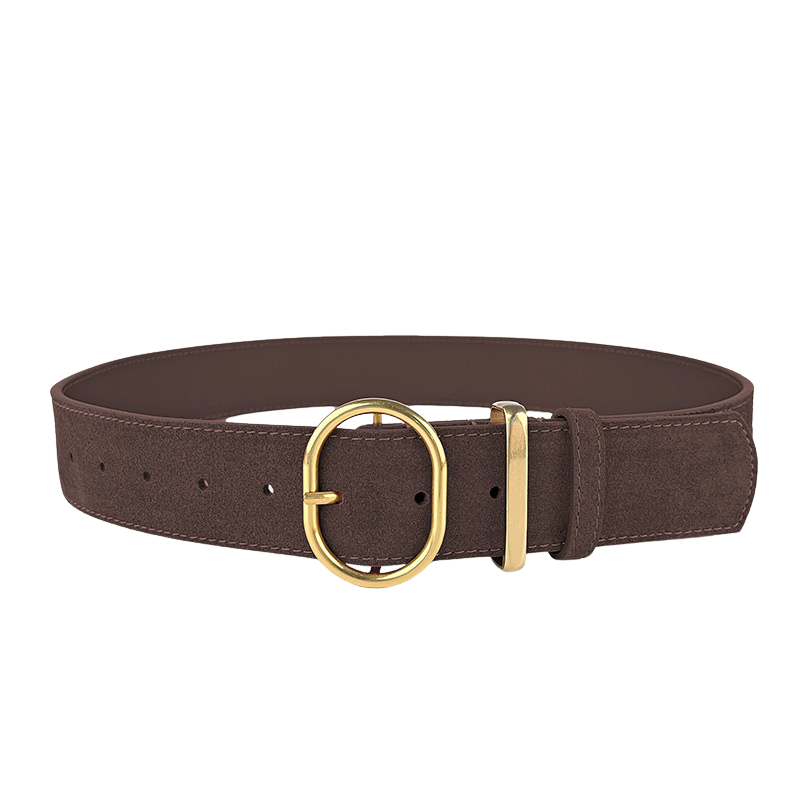 Ceinture femme Valérie 1 en cuir de vachette refendu aspect daim, marron foncé, avec boucle ardillon ovale dorée. Largeur 4.2 cm.