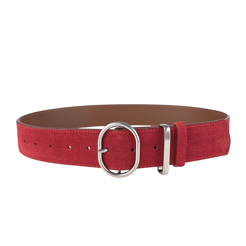 Ceinture femme Valérie 2 rouge en cuir de vachette refendu aspect daim, avec boucle ardillon ovale argentée, largeur 4.2 cm.
