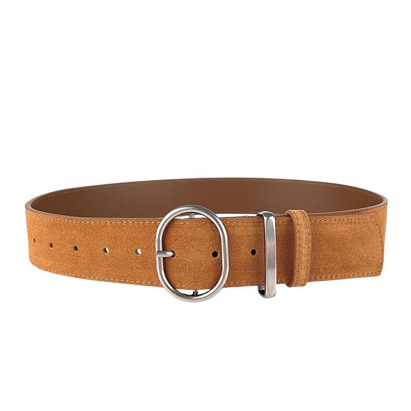 Ceinture femme Valérie 2 en cuir de vachette refendu aspect daim couleur camel avec boucle ardillon ovale argentée.