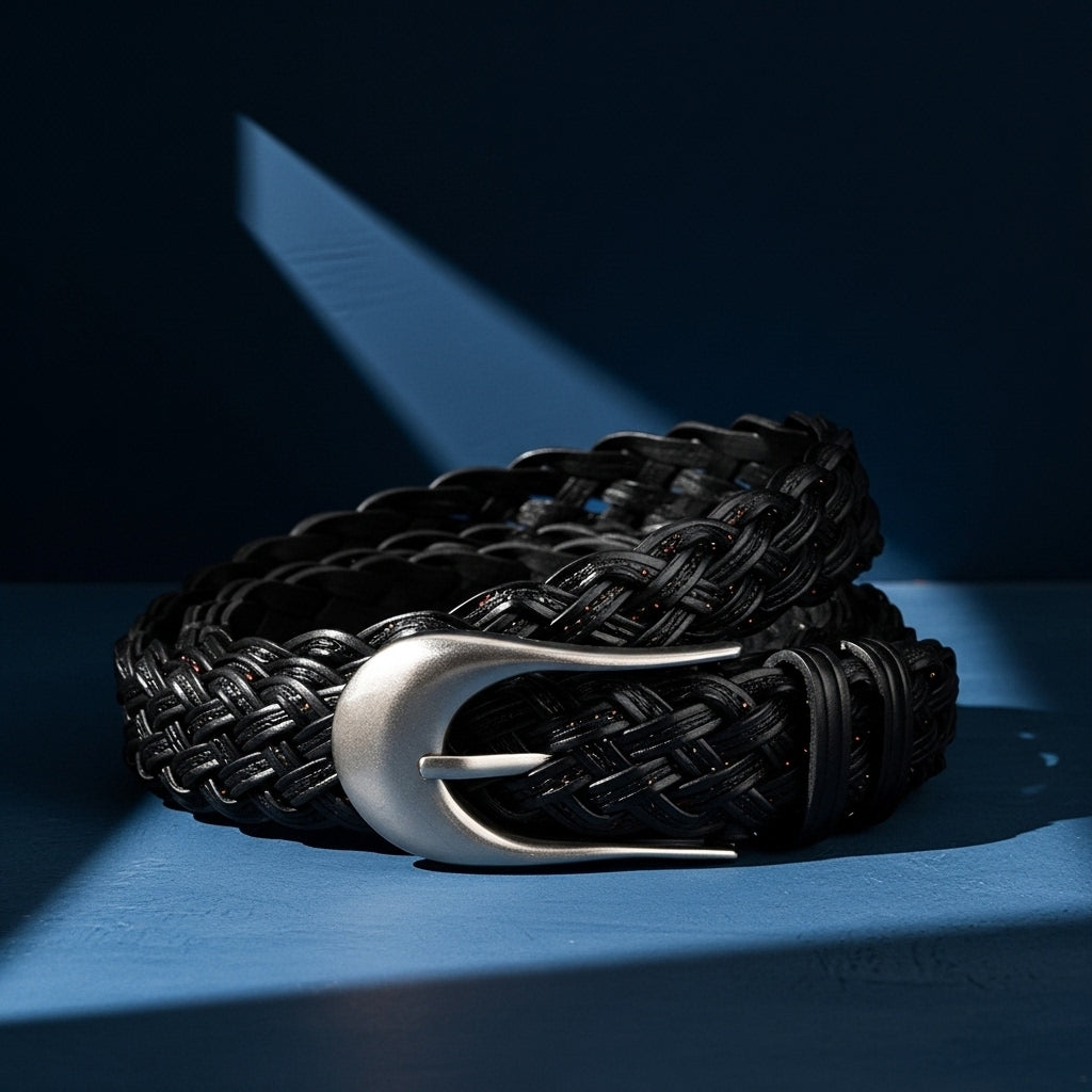Ceinture femme Valeur noire tressée en simili cuir avec boucle argent mat en forme de goutte d'eau #fullwidth