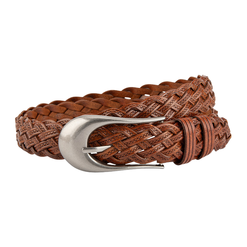 Ceinture femme Valeur en simili cuir marron tressé avec une boucle ardillon argent mat en forme de goutte d'eau.