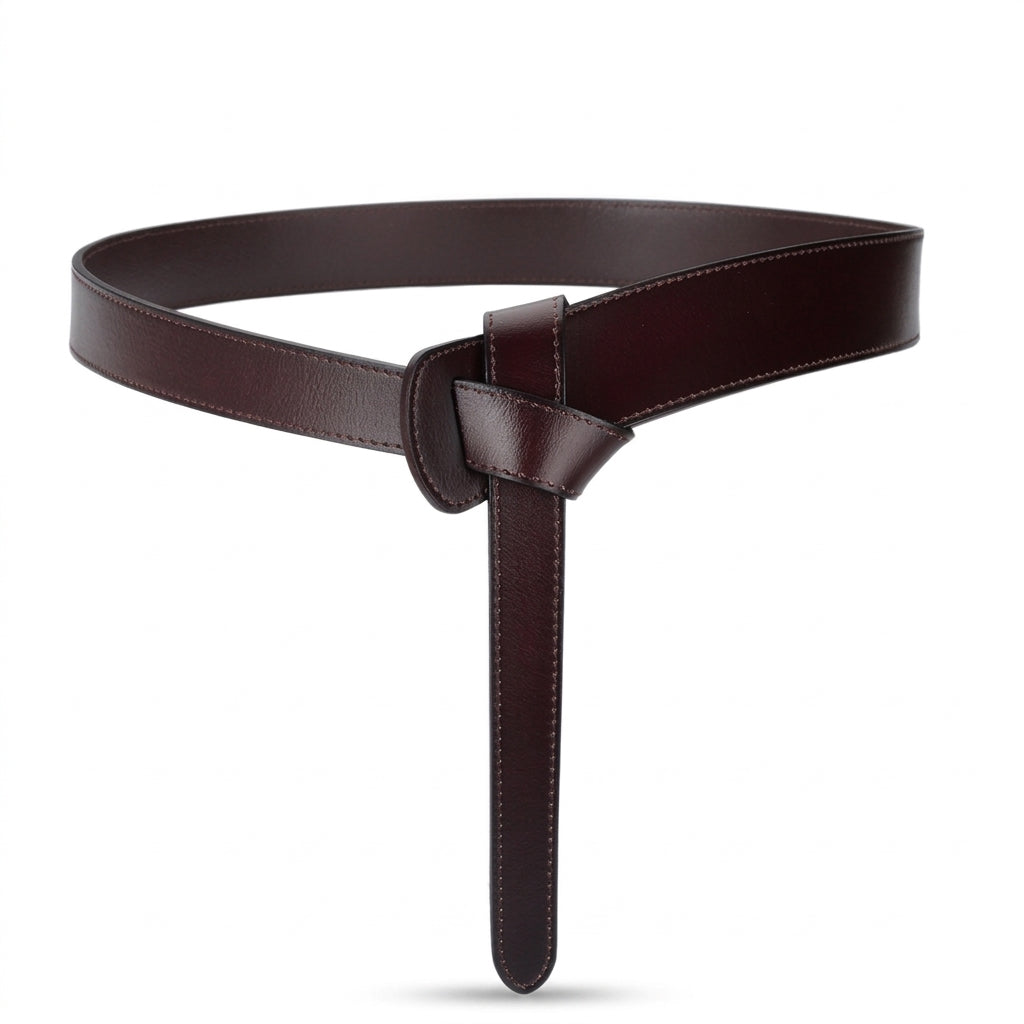 Ceinture femme Varenne en cuir de vachette marron foncé, design minimaliste à nouer sans boucle avec passant façon corset pour un ajustement sur mesure.