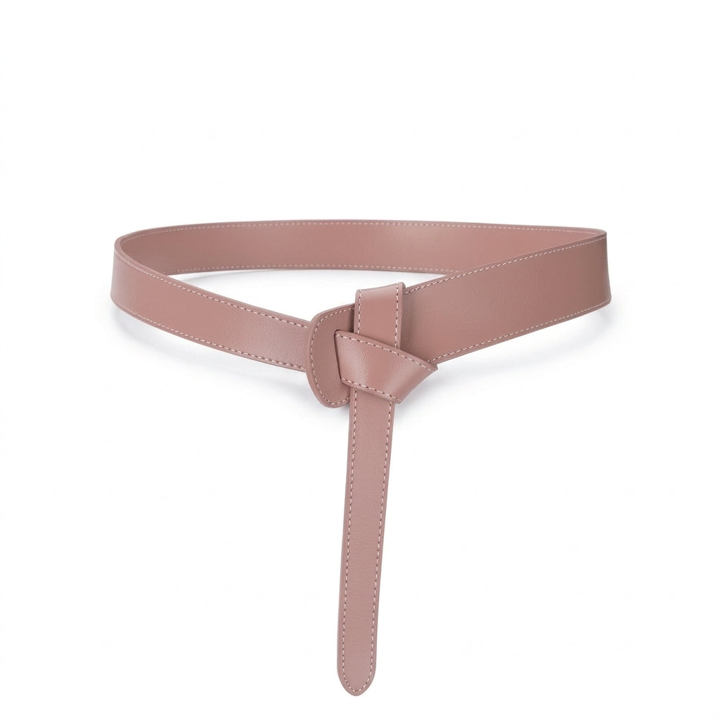 Ceinture femme Varenne rose poudré en cuir lisse avec système de nouage élégant sans boucle, design minimaliste et finitions soignées pour souligner la taille.