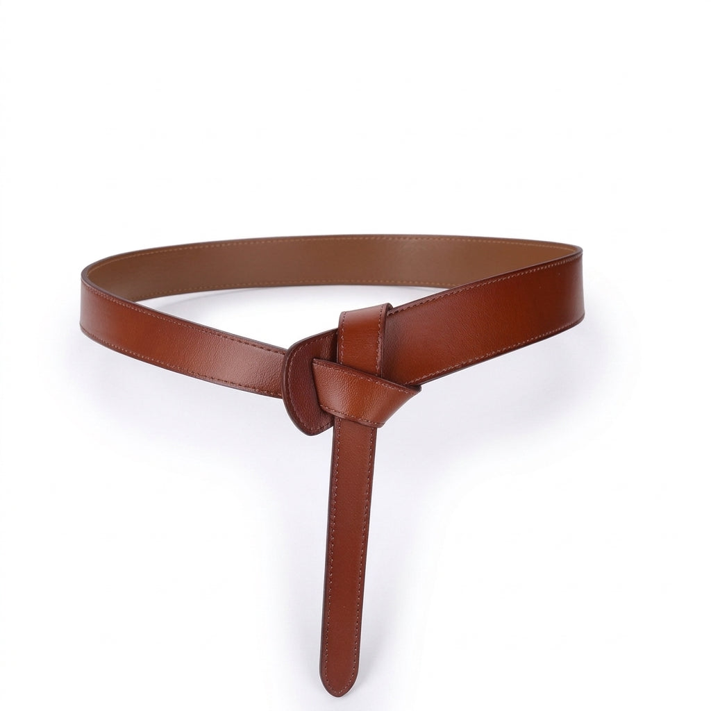 Ceinture femme Varenne en cuir marron lisse sans boucle, nouée manuellement pour un style élégant et ajustable.