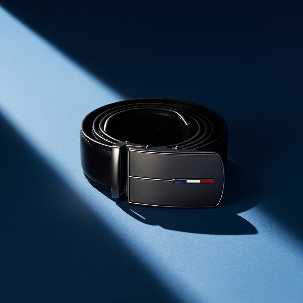 Ceinture Vaugirard 20 noire en cuir refendu avec boucle automatique gunmetal et détails tricolores, sur fond bleu #fullwidth