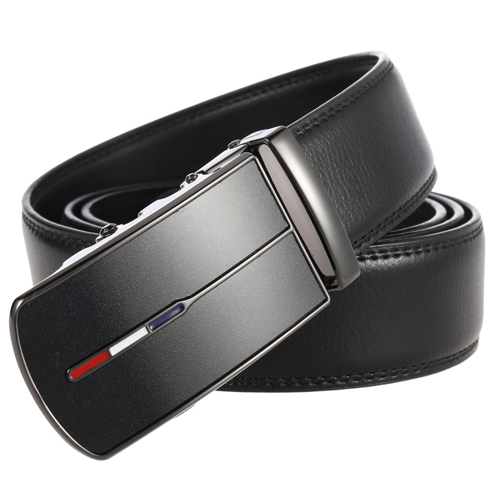 Ceinture pour homme Vaugirard 20 en cuir noir avec boucle rectangulaire automatique gunmetal ornée de trois fines bandes colorées (rouge, blanc, bleu).